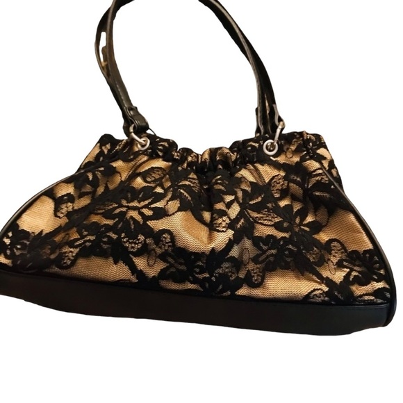 Black Lace & Nude Lined Handbag Perfect with LBD Vegan Leather Trim - Picture 1 of 9